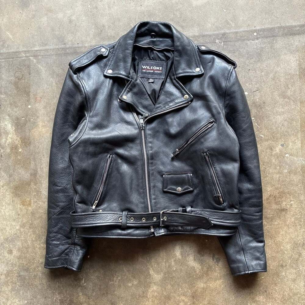 1990’s Wilsons Leather Motorcycle Jacket Size XL Black Biker Moto